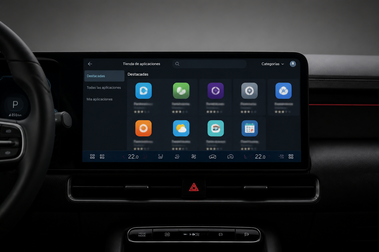 Pantalla central del coche mostrando una tienda de aplicaciones con iconos abstractos y textos desenfocados