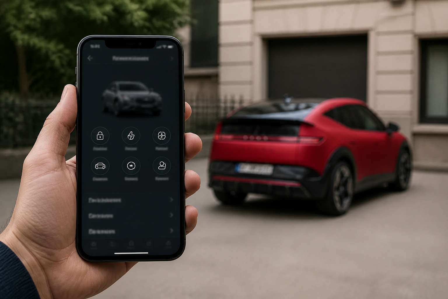 Smartphone con una app de servicios del vehículo con iconos abstractos y, al fondo desenfocado, el IONIQ 3 rojo aparcado