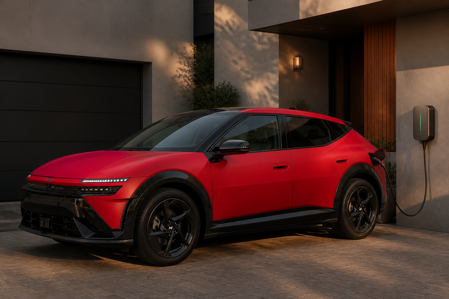 IONIQ 3 rojo aparcado junto a una vivienda cargando en un wallbox doméstico de pared