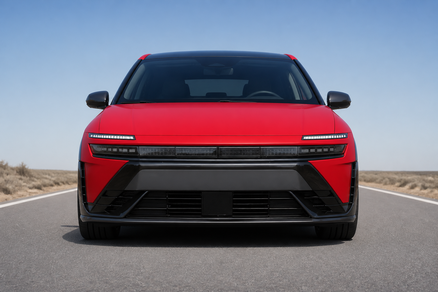 Primer plano frontal del morro del IONIQ 3 parado en carretera de día, con los faros apagados