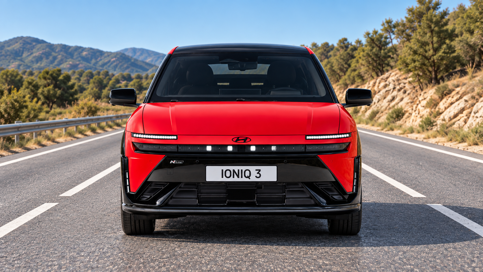 Primer plano frontal del morro del IONIQ 3 parado en carretera de día, con los faros apagados