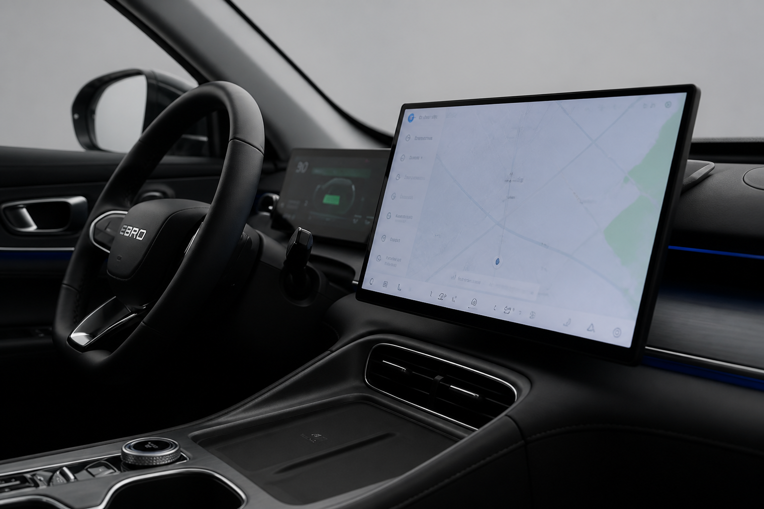 Pantalla multimedia del Ebro S900 mostrando un mapa de navegación visto desde el asiento del conductor