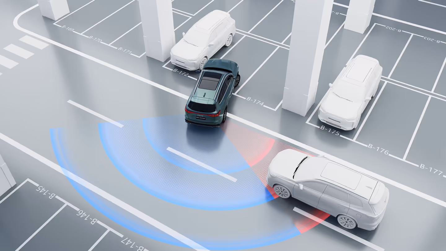Render del sistema de asistencia al aparcamiento con zonas de detección azules y rojas alrededor de un SUV