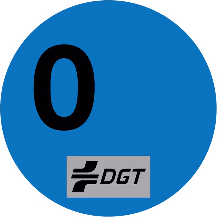Etiqueta medioambiental CERO emisiones de la DGT, distintivo circular azul con un cero
