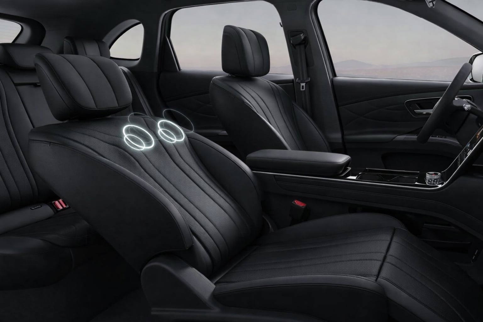 Asiento delantero de cuero negro con anillos luminosos de la función de masaje activada