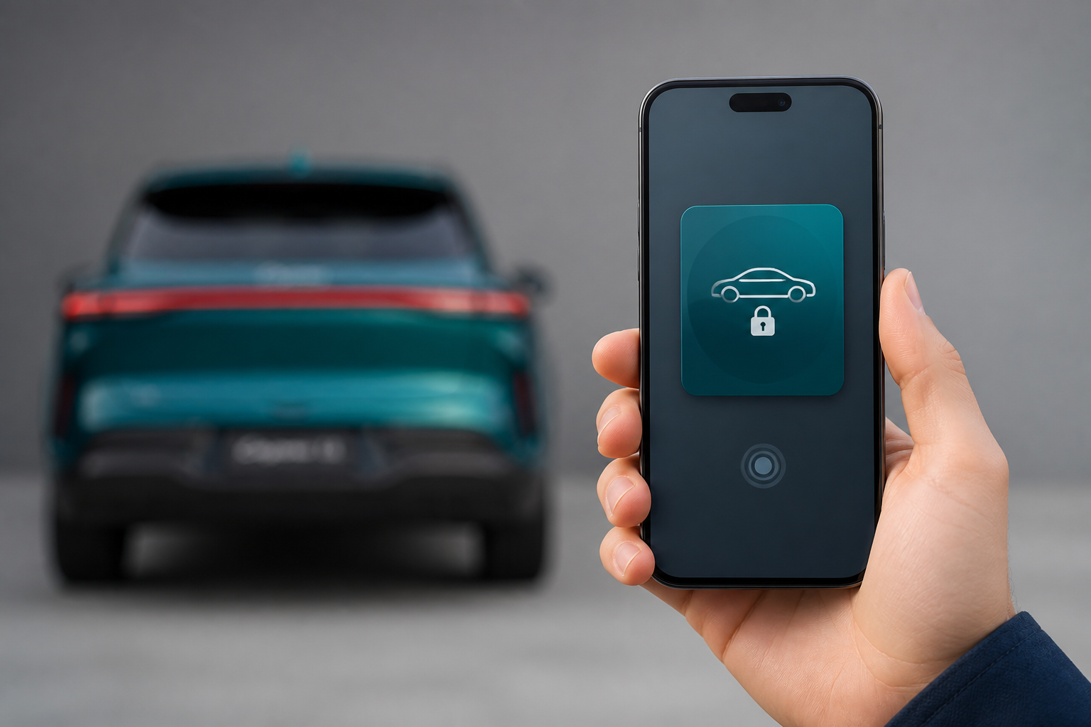 Smartphone en mano mostrando una llave digital con la silueta del SUV desenfocada al fondo