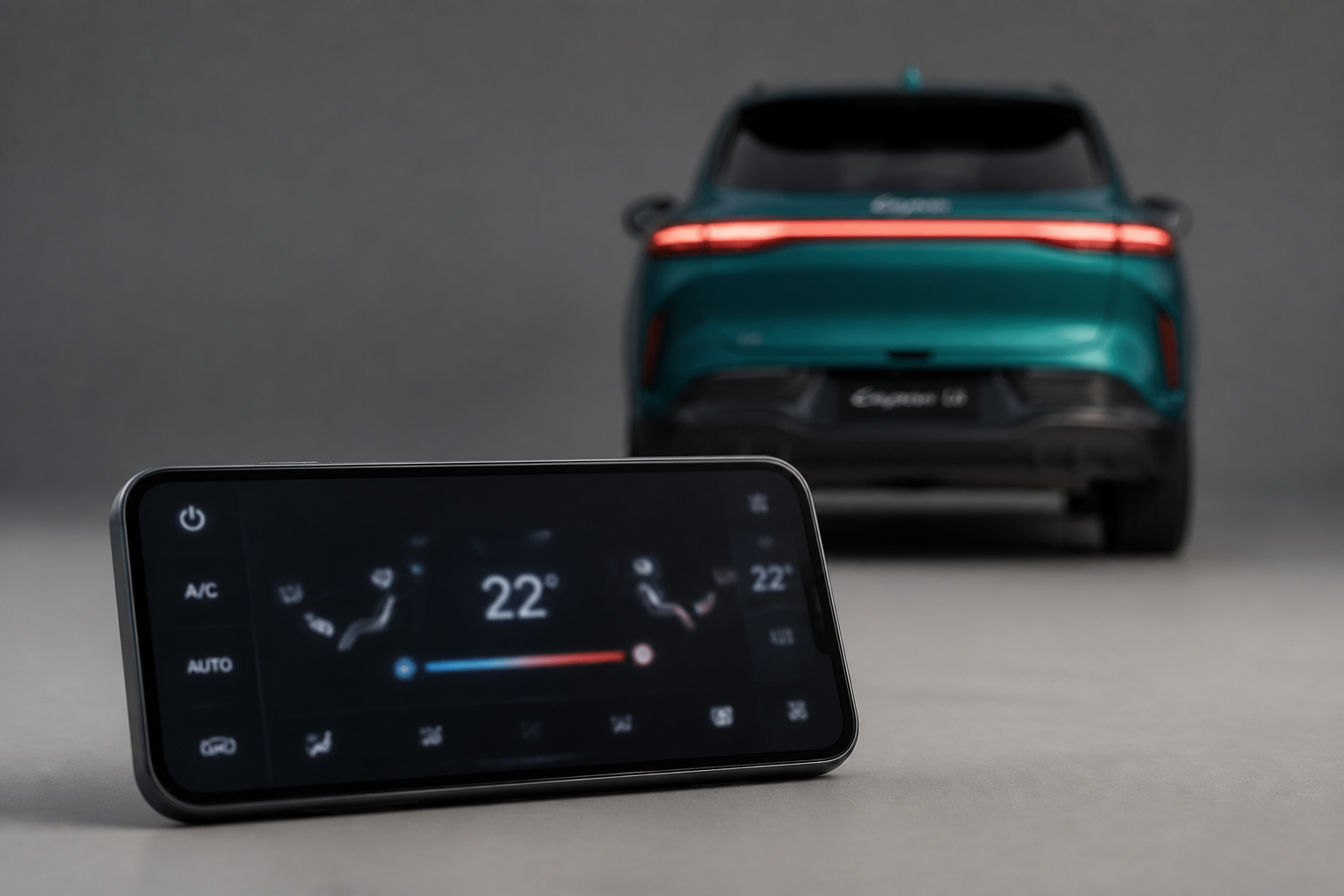 Smartphone apoyado en primer término con interfaz de climatización desenfocada y el SUV al fondo