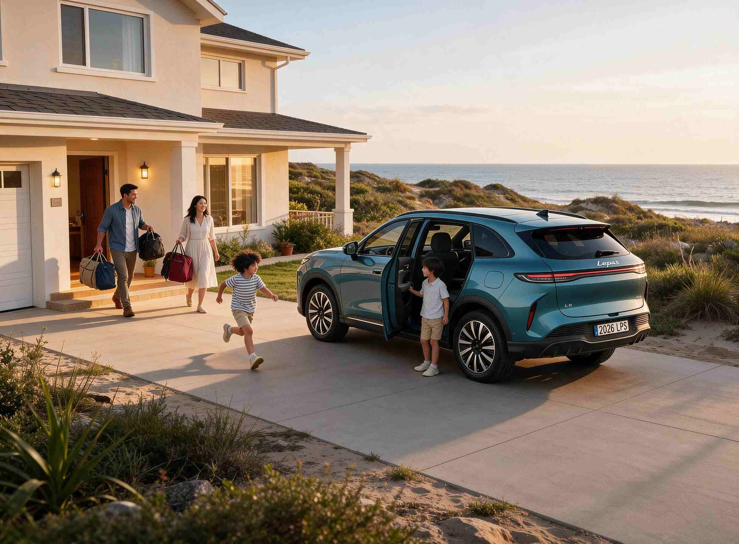 Familia subiendo al Lepas L8 aparcado frente a una casa junto a la playa