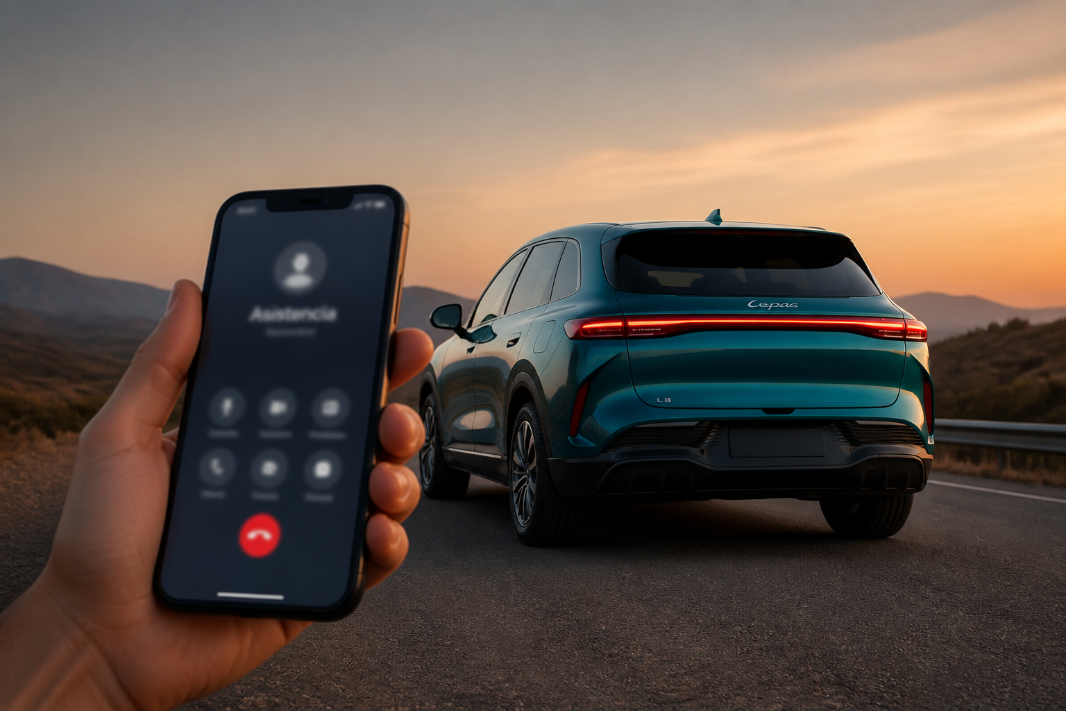 Mano sosteniendo un smartphone en una carretera al atardecer con el SUV parado al fondo