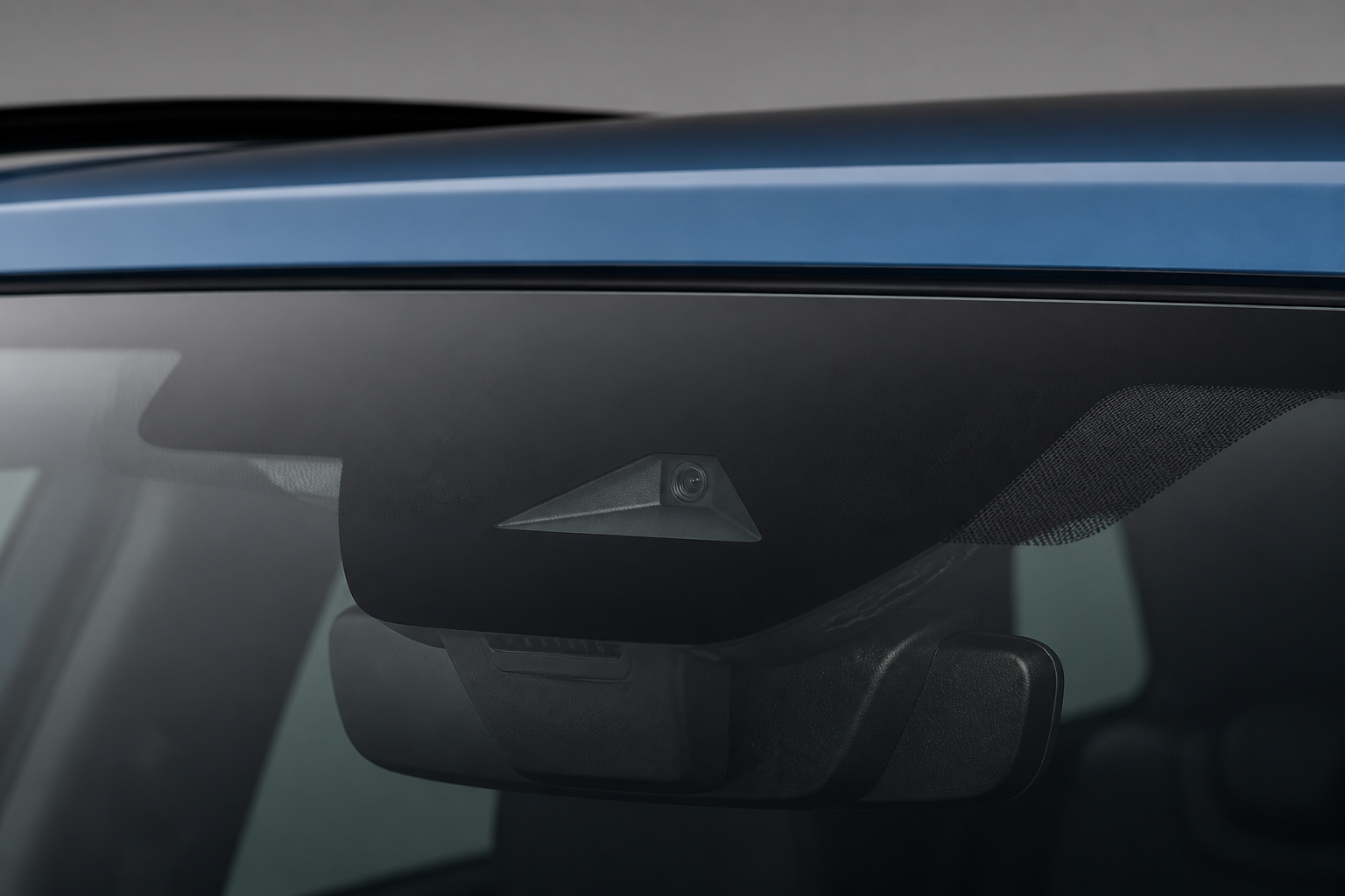 Primer plano de la cámara frontal integrada tras el parabrisas del Kia EV2
