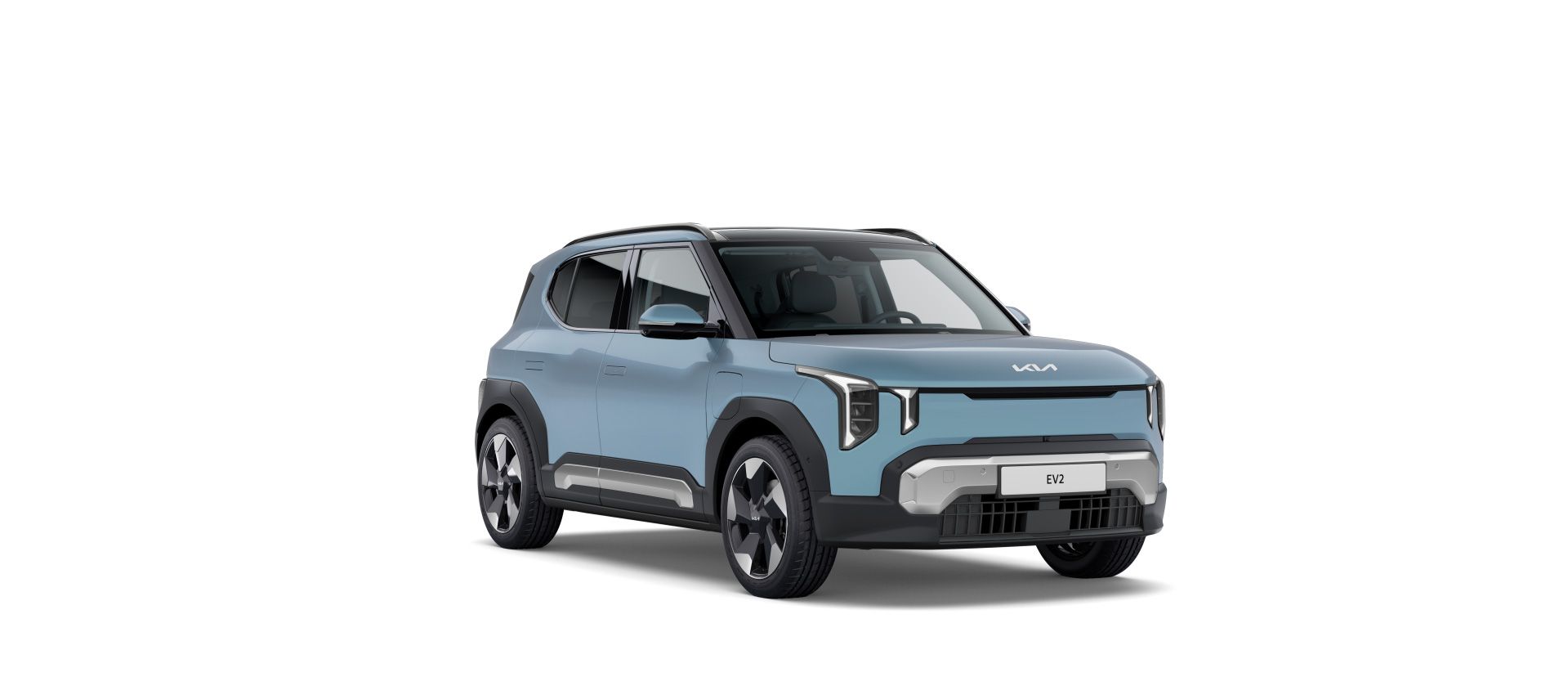 Kia EV2 azul con techo en contraste negro, visto en tres cuartos delantero sobre fondo neutro