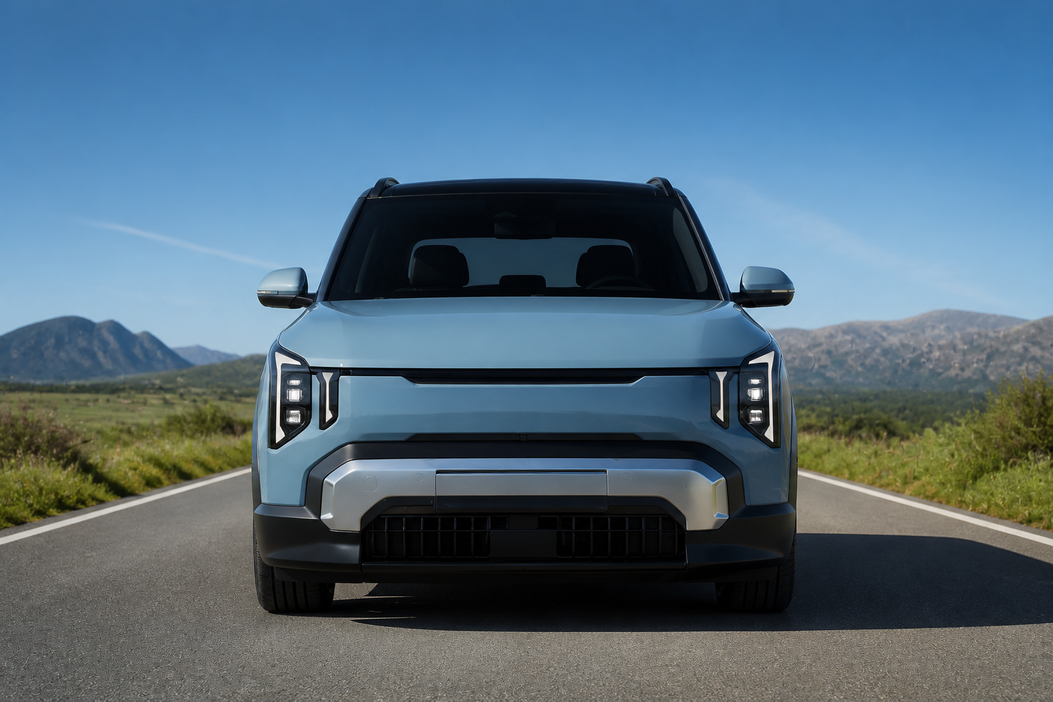 Frontal del Kia EV2 parado en carretera de día con los faros apagados