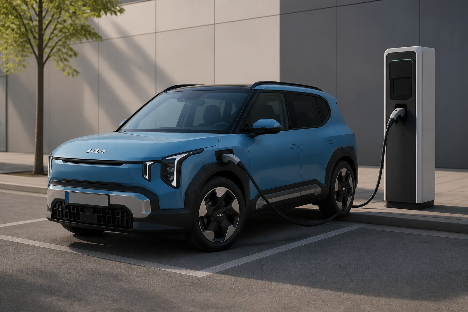 Kia EV2 azul parado junto a un cargador rápido urbano con el cable conectado