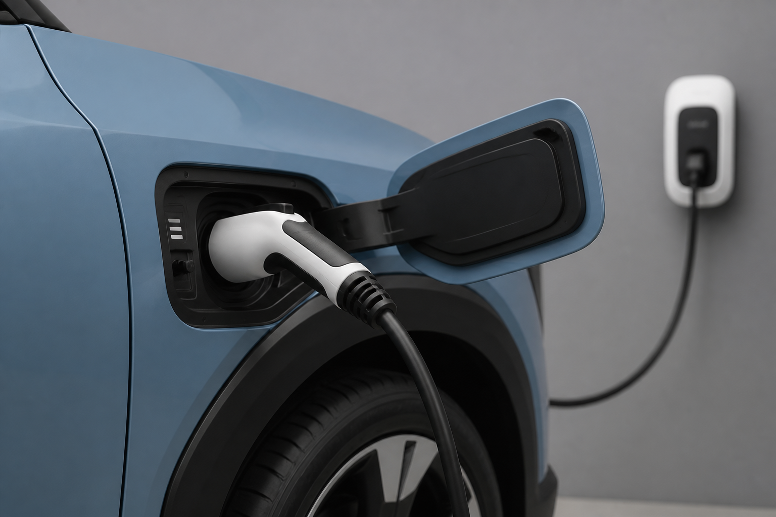 Puerto de carga del Kia EV2 con conector de corriente alterna enchufado a un cargador de pared