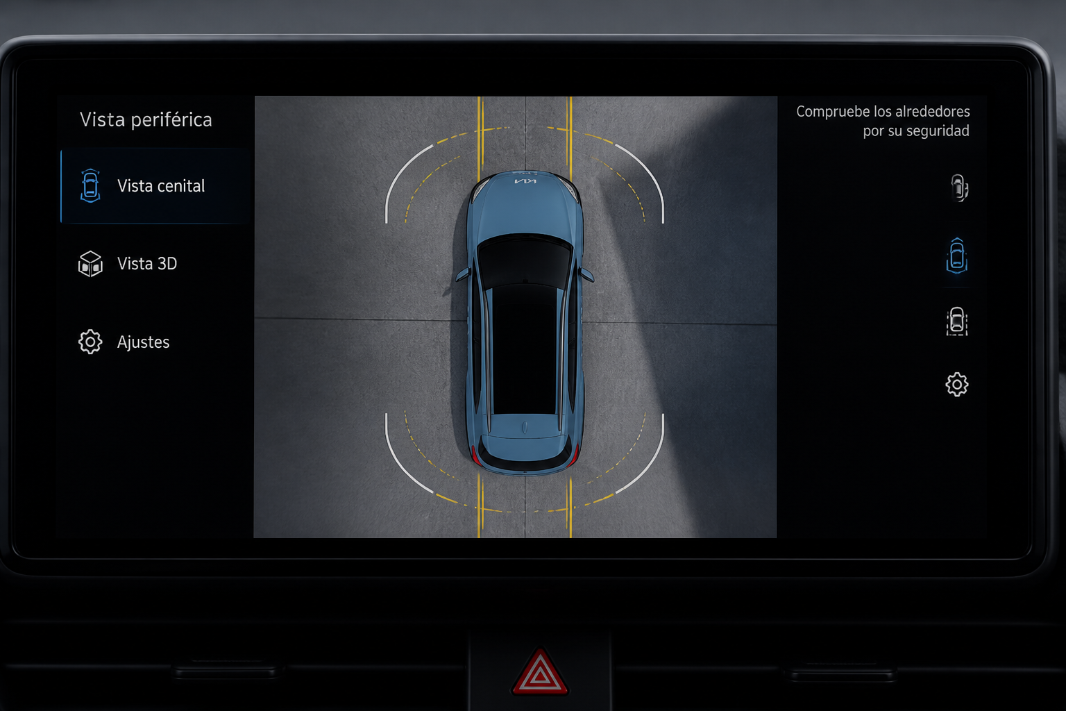 Pantalla del coche mostrando la vista cenital del sistema de visión periférica de 360 grados