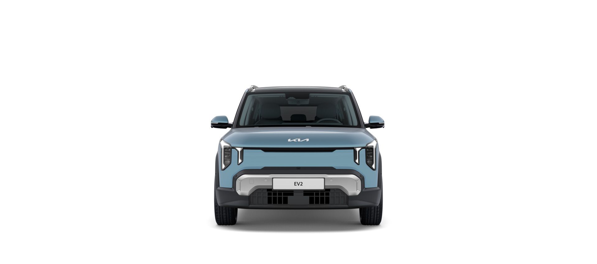 Vista frontal del Kia EV2 azul con techo negro donde se aprecia su firma lumínica