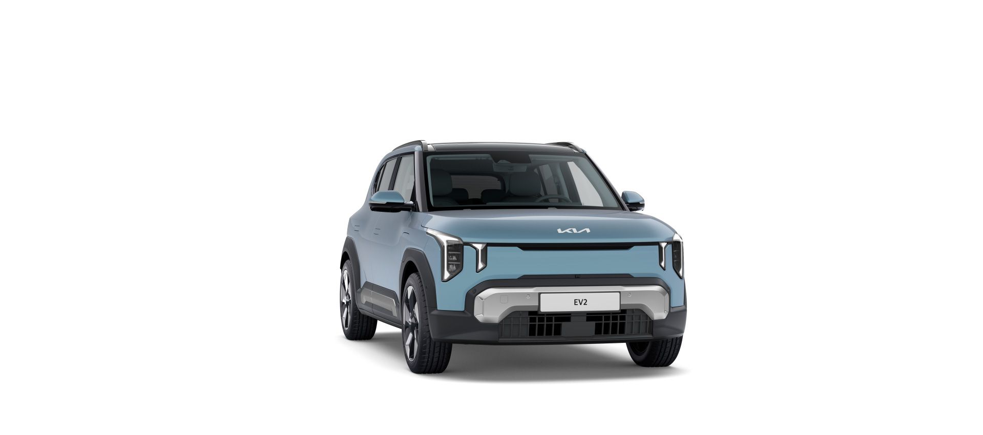 Kia EV2 azul claro con techo en contraste negro, en tres cuartos delantero