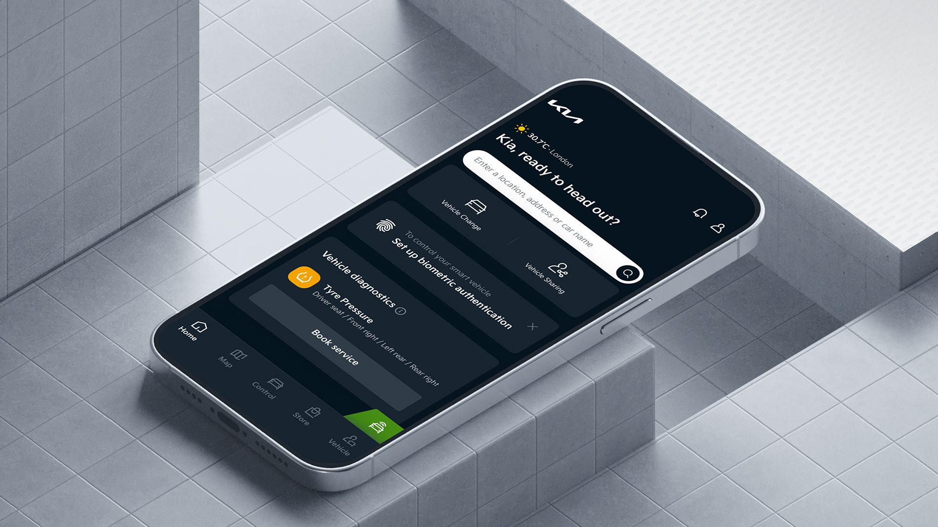 Teléfono móvil mostrando la interfaz de la aplicación Kia Connect con opciones de diagnóstico y localización