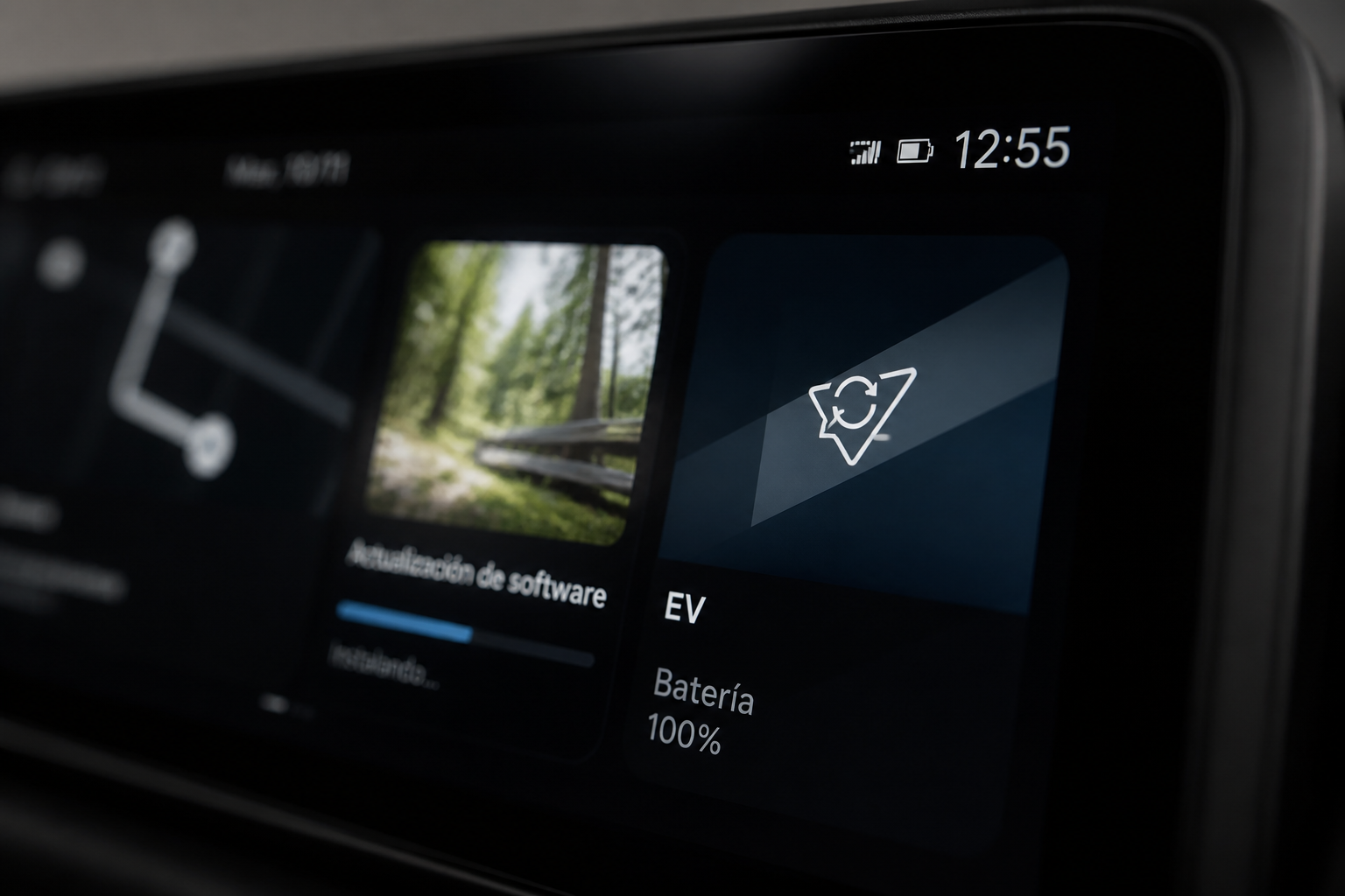 Detalle de la pantalla del coche con un icono de actualización de software y barra de progreso desenfocada