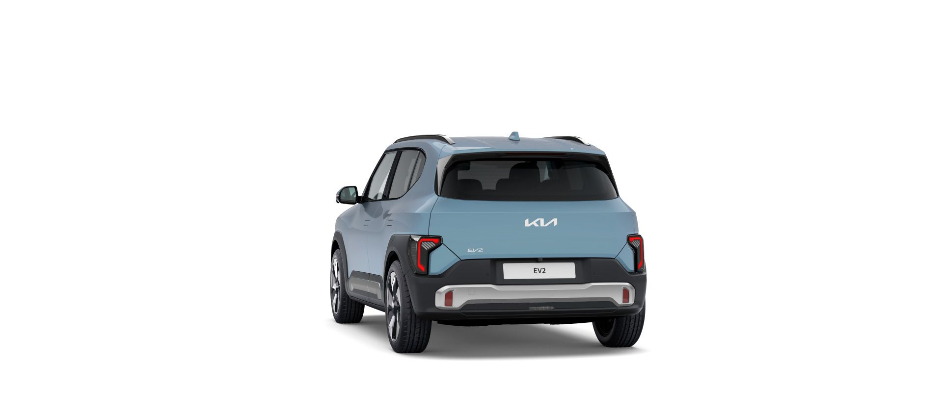 Vista trasera en tres cuartos del Kia EV2 con sus pilotos verticales de gran tamaño