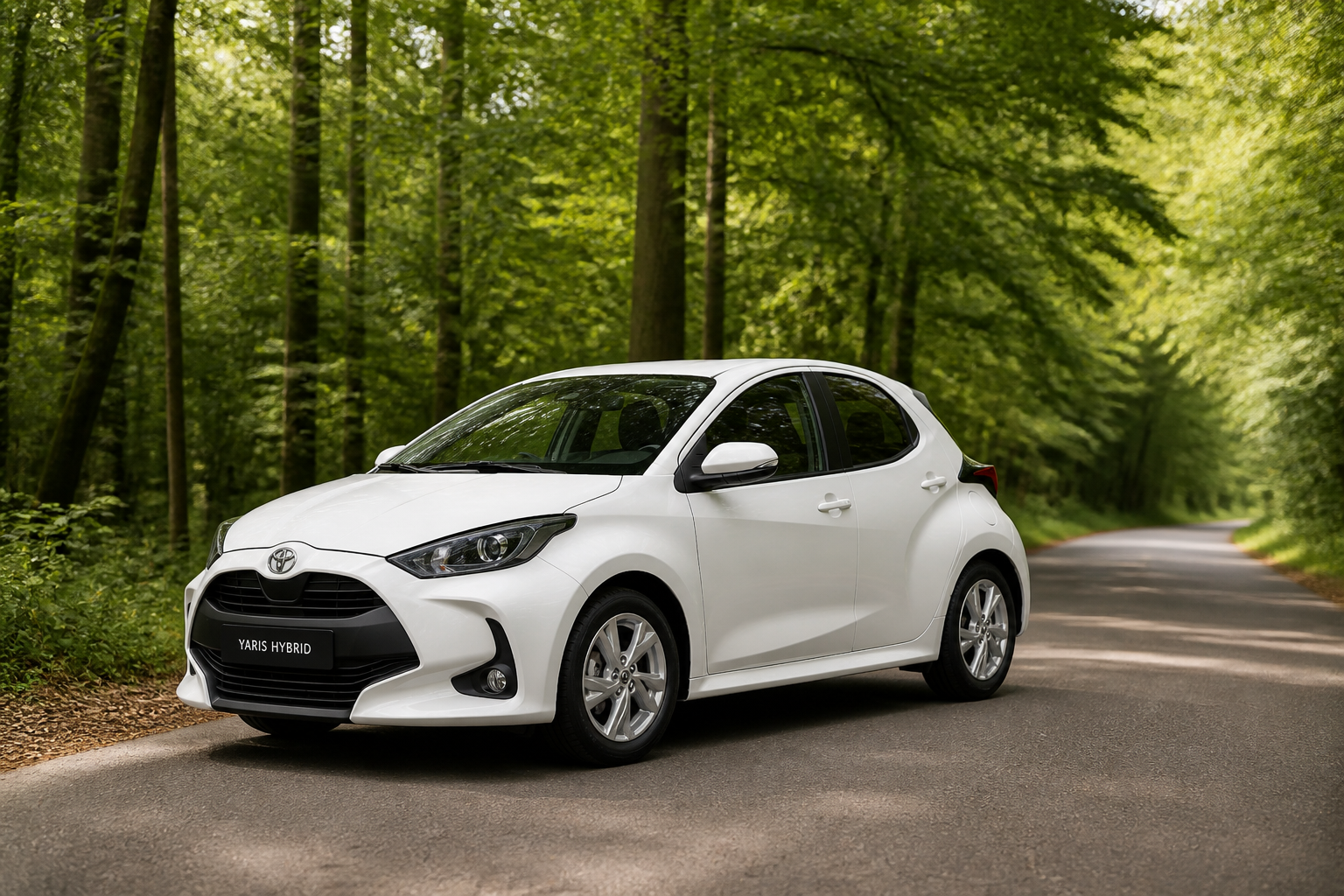 Toyota Yaris blanco parado en una carretera tranquila entre árboles con luz natural suave