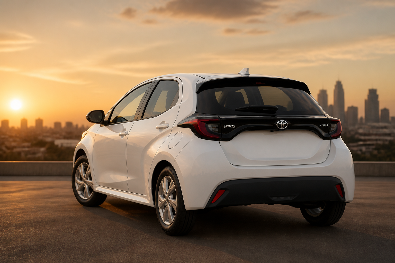 Vista trasera tres cuartos del Toyota Yaris blanco ante un horizonte urbano al atardecer