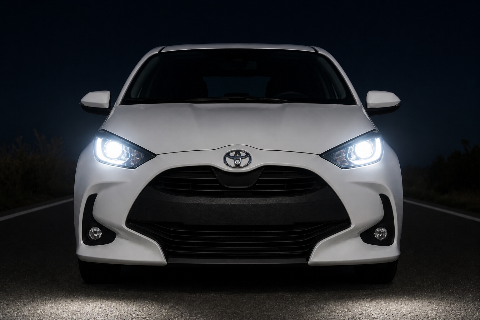 La misma escena frontal del Toyota Yaris blanco de noche con los faros delanteros encendidos