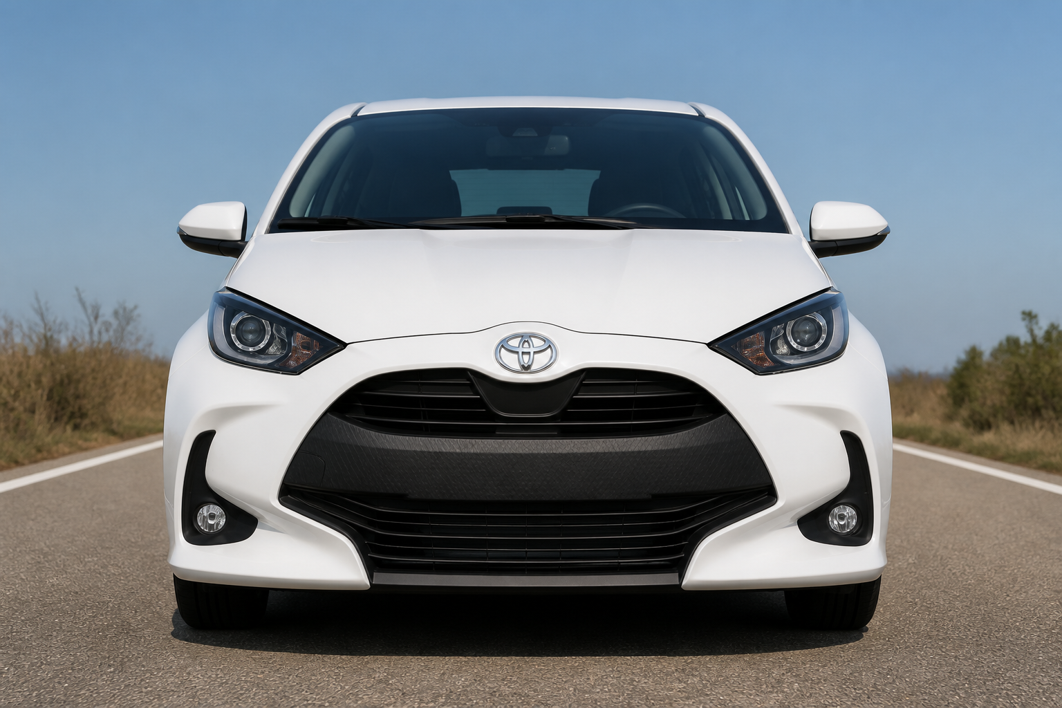 Primer plano frontal del Toyota Yaris blanco parado en carretera, de día y con los faros apagados