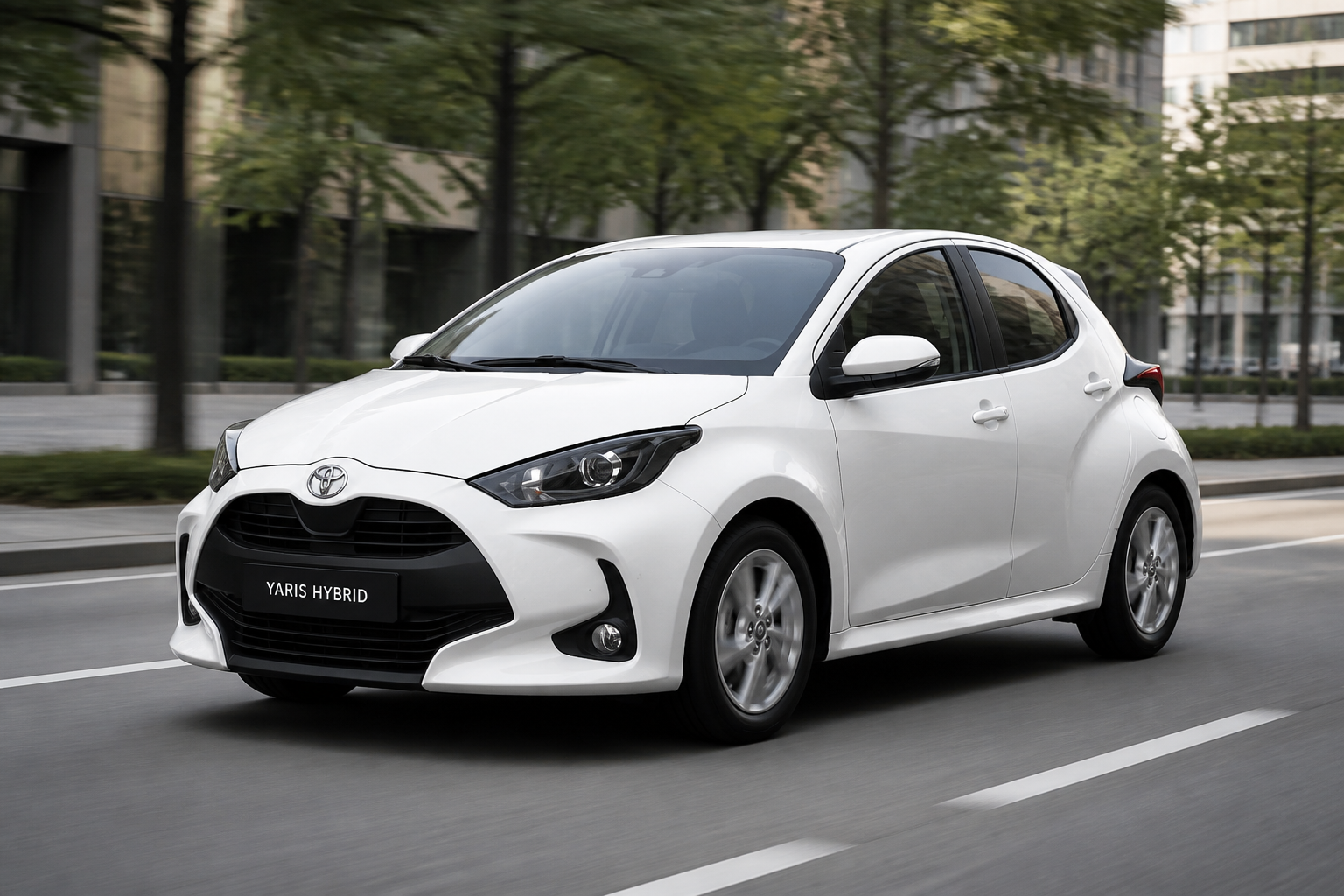 Toyota Yaris blanco circulando con suavidad por una avenida urbana con edificios desenfocados al fondo