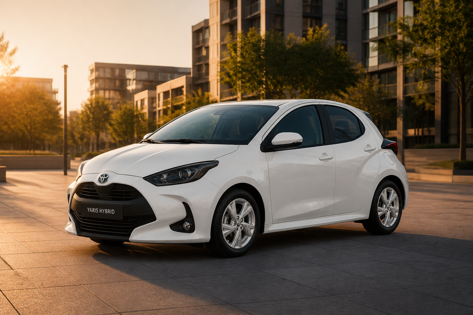 Toyota Yaris blanco parado en una plaza urbana al atardecer con arquitectura moderna al fondo