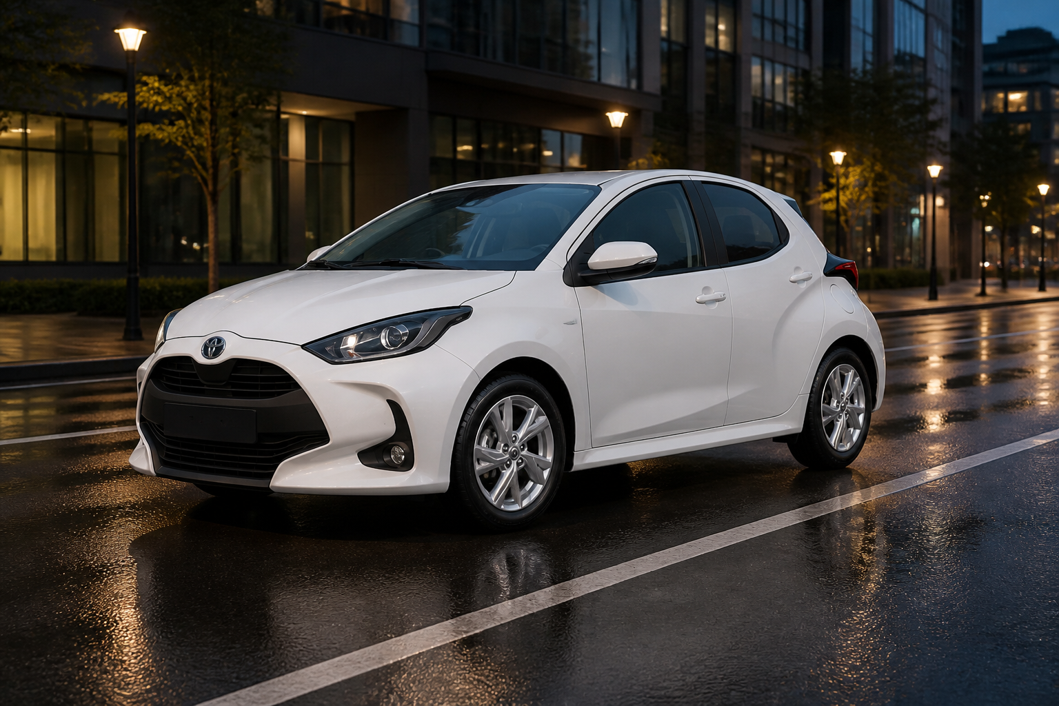 Toyota Yaris blanco en una calle moderna de ciudad al anochecer con luces urbanas al fondo