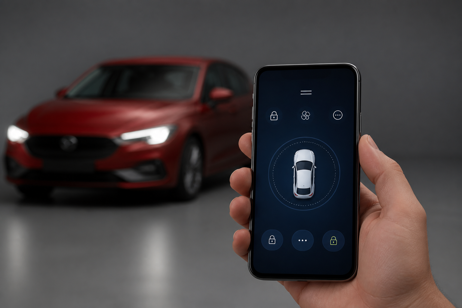 Smartphone en mano con la app MyMazda en pantalla y la silueta del Mazda3 rojo desenfocada al fondo con los faros encendidos