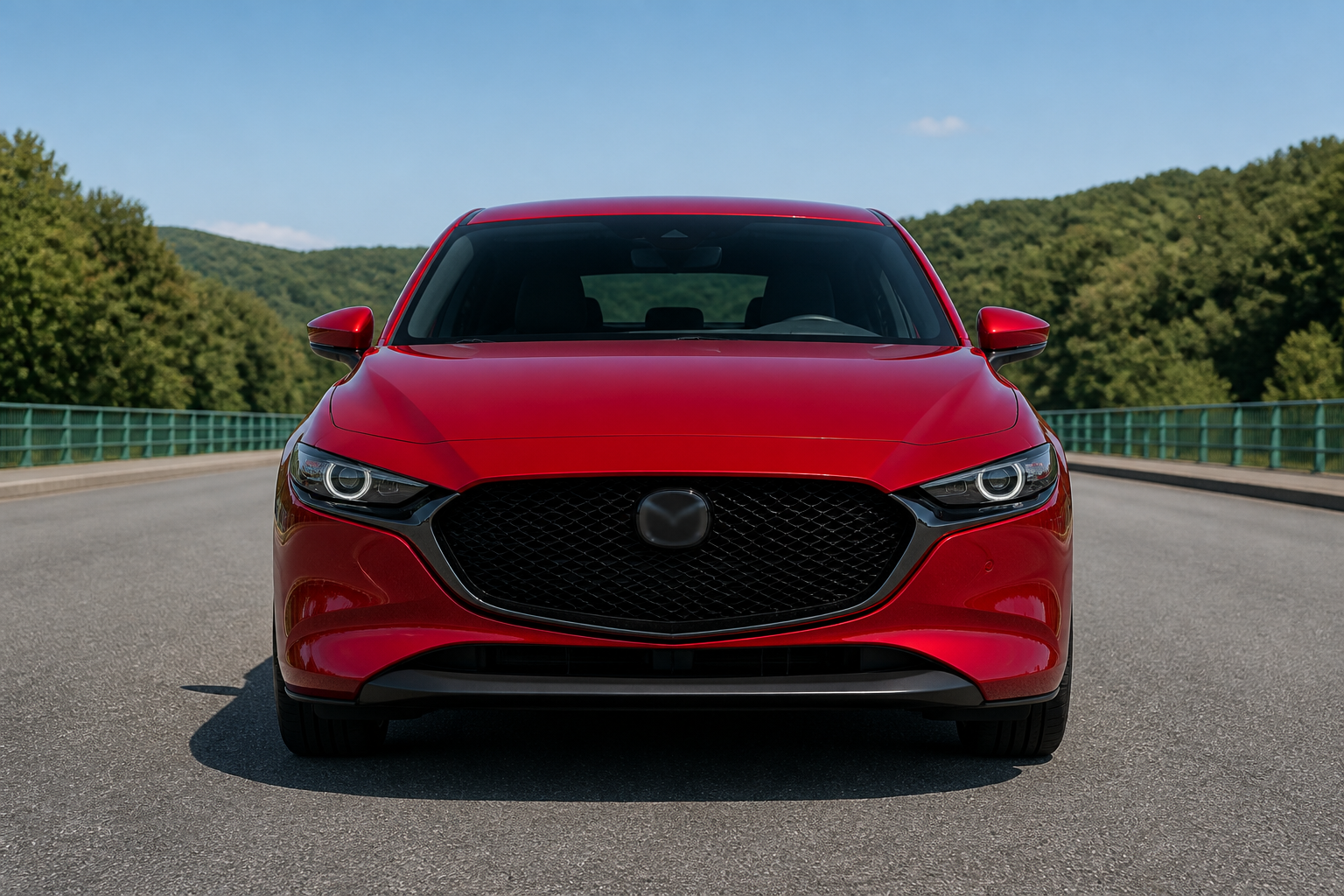 Primer plano frontal del morro del Mazda3 rojo parado en carretera, faros apagados, luz de día
