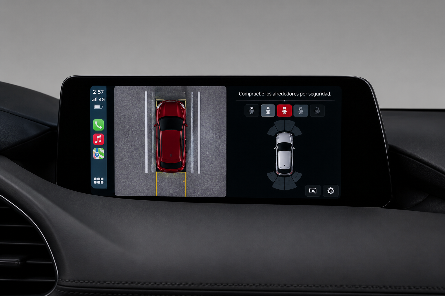 Pantalla central mostrando la vista cenital del coche rojo entre líneas de aparcamiento