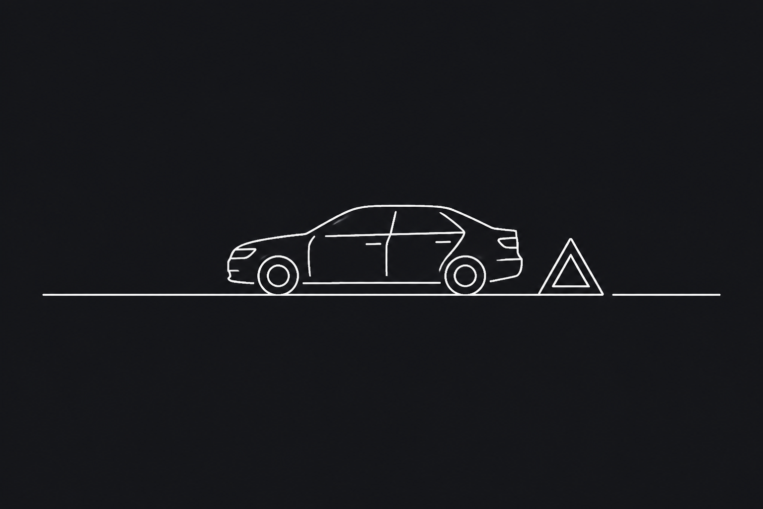 Ilustración minimalista de asistencia en carretera con un icono de coche y una línea de horizonte
