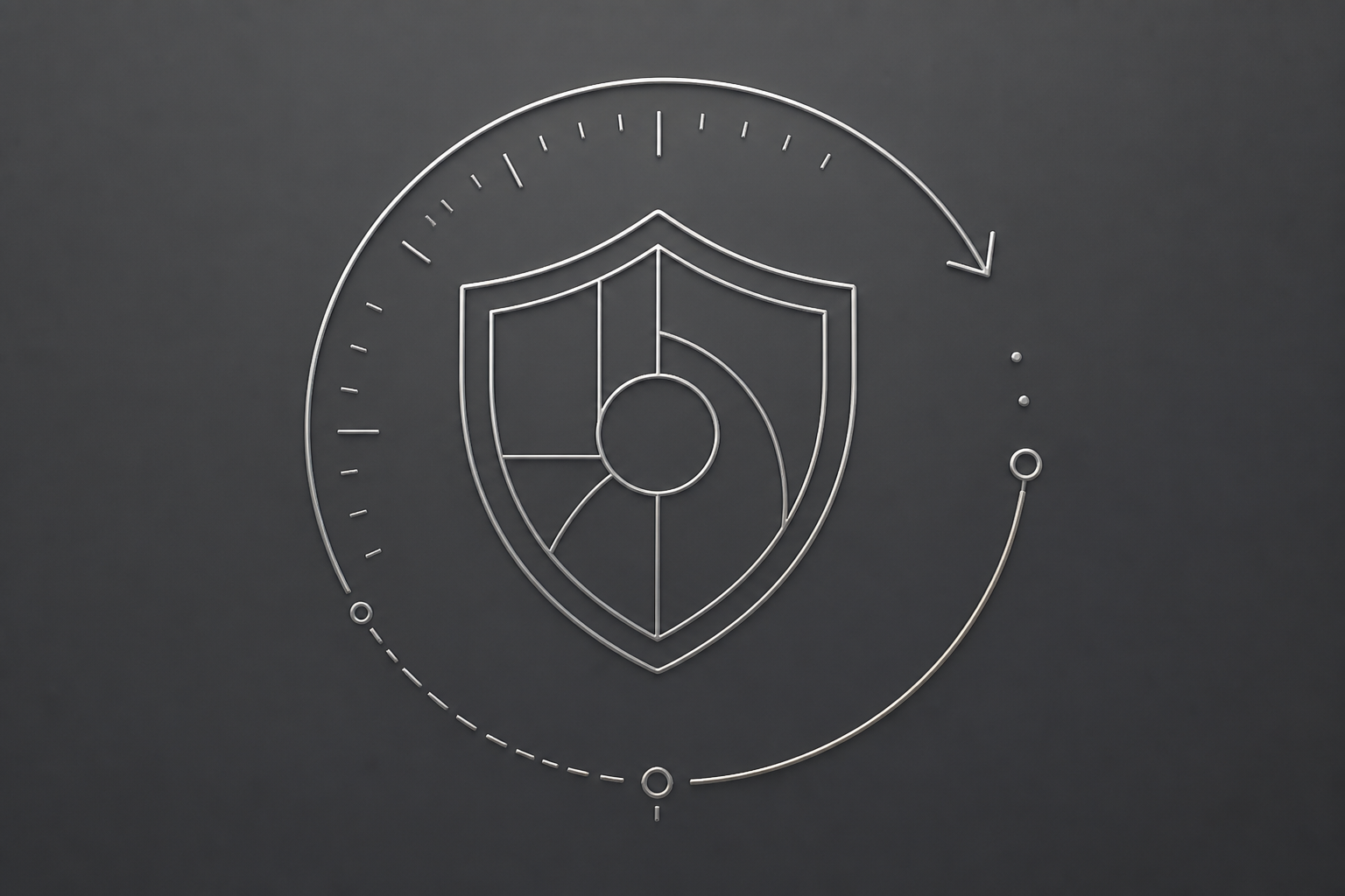 Ilustración técnica minimalista de un escudo de líneas finas con un arco temporal alrededor