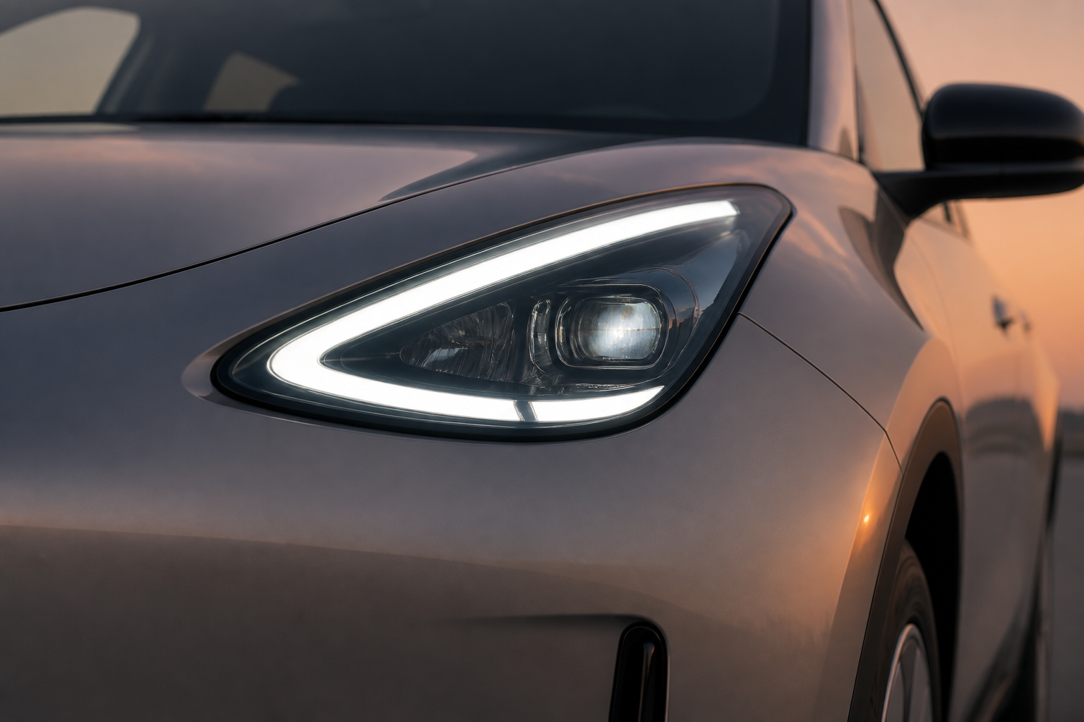 Detalle de la luz diurna LED integrada en el frontal del Geely E2 gris