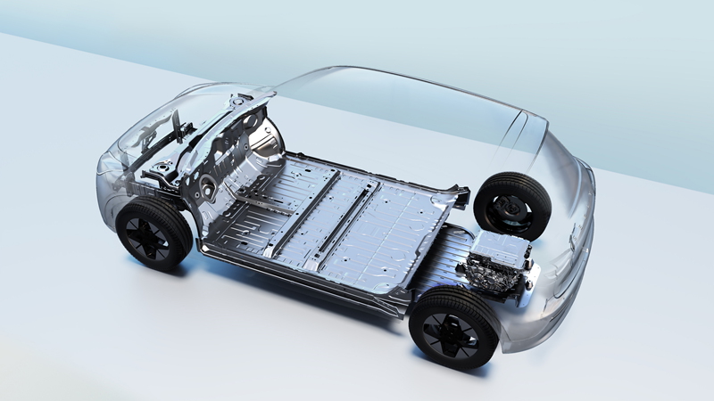 Render del chasis eléctrico con carrocería transparente mostrando batería, motor y suspensiones