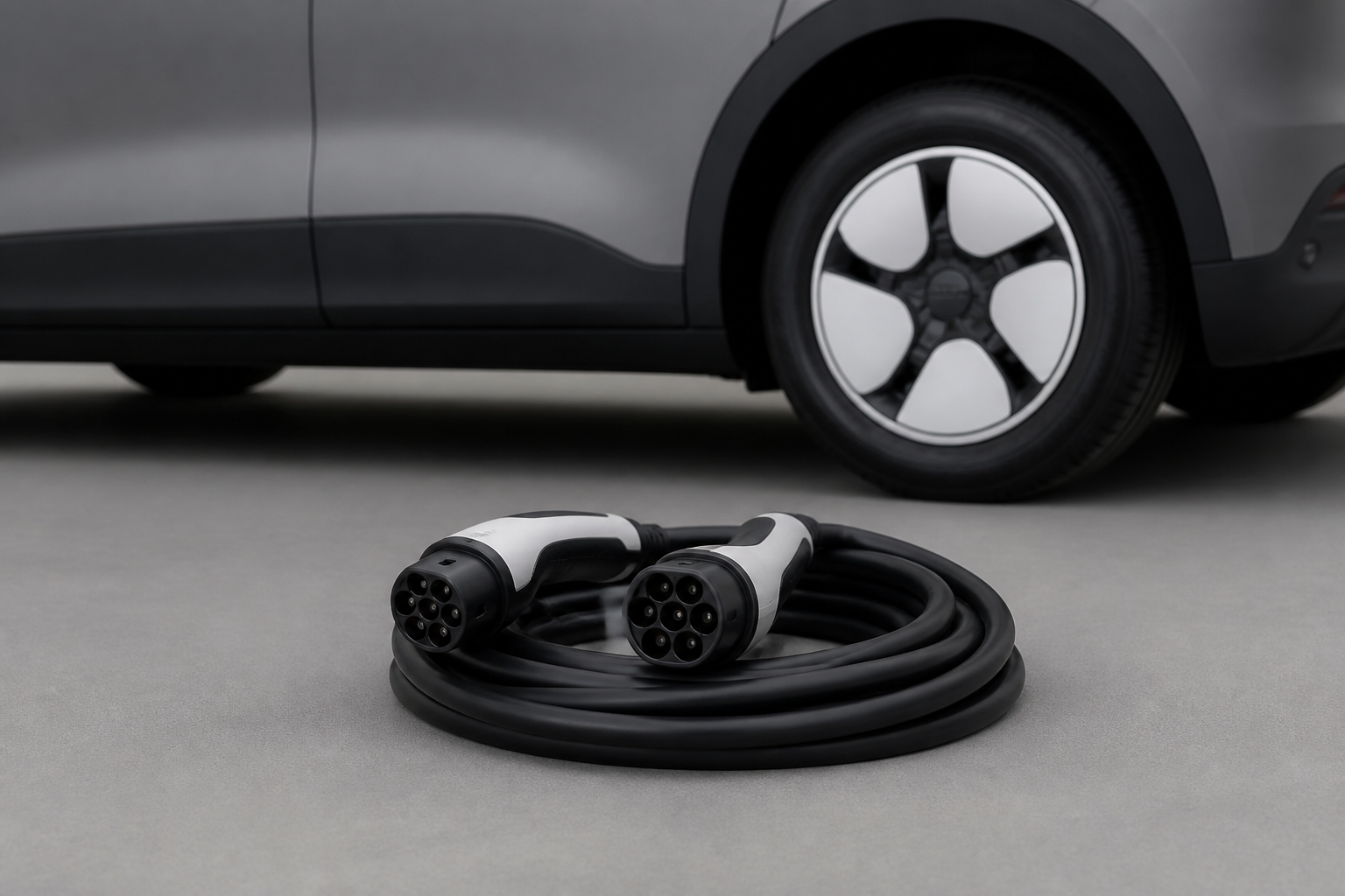Cable de carga modo 3 con conectores Mennekes junto al lateral del coche