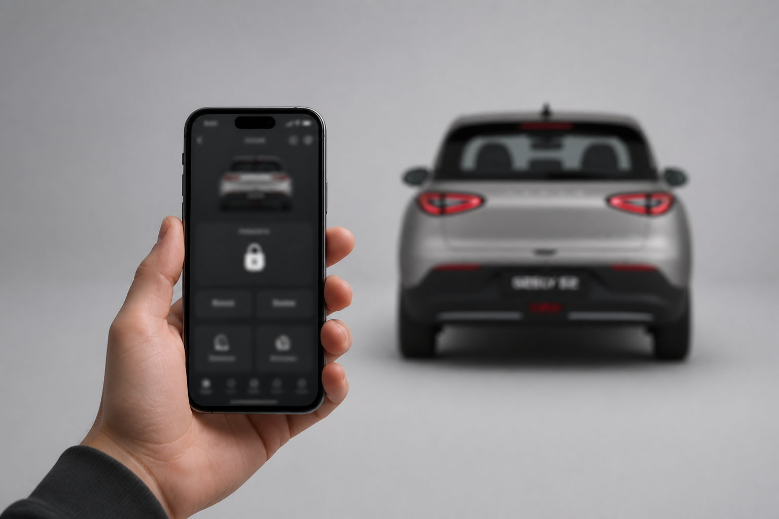 Smartphone en primer plano con la app del vehículo y la silueta del Geely E2 gris desenfocada al fondo