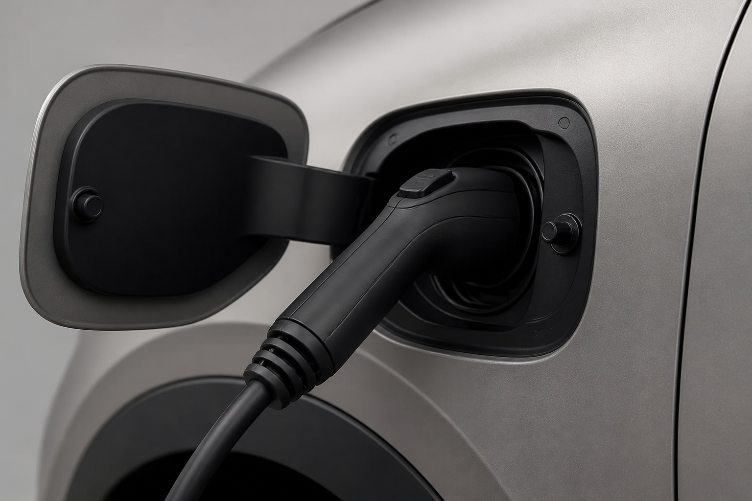 Detalle del puerto de carga del Geely E2 con el conector DC acoplado