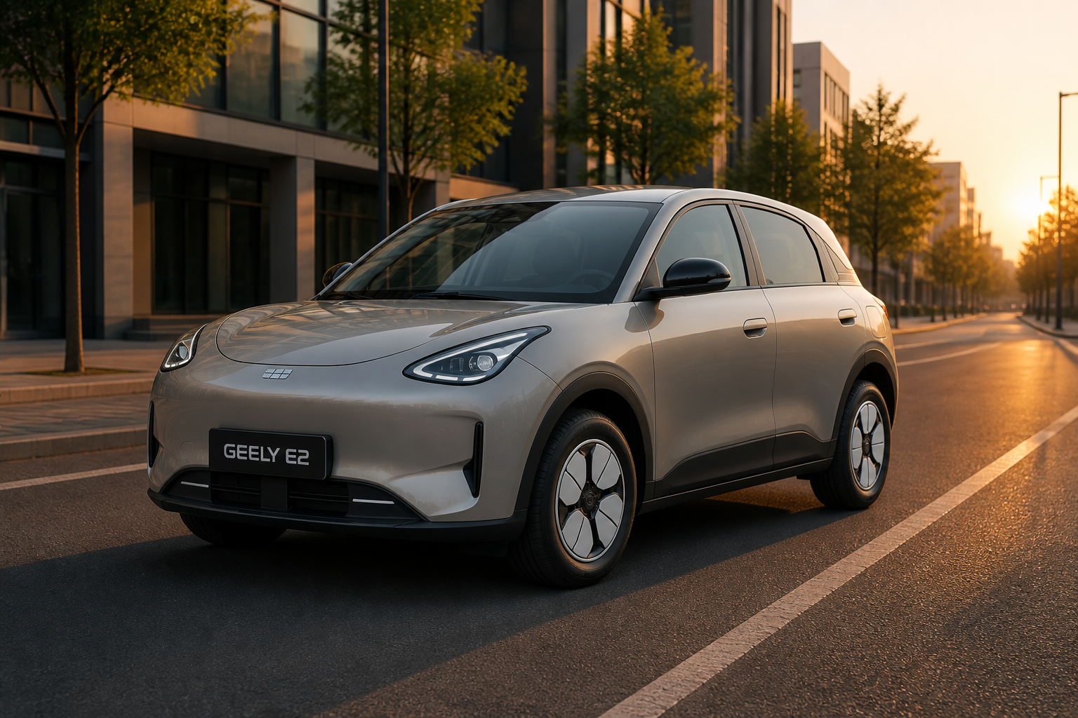 Geely E2 gris estático en una avenida urbana al atardecer con arquitectura moderna de fondo