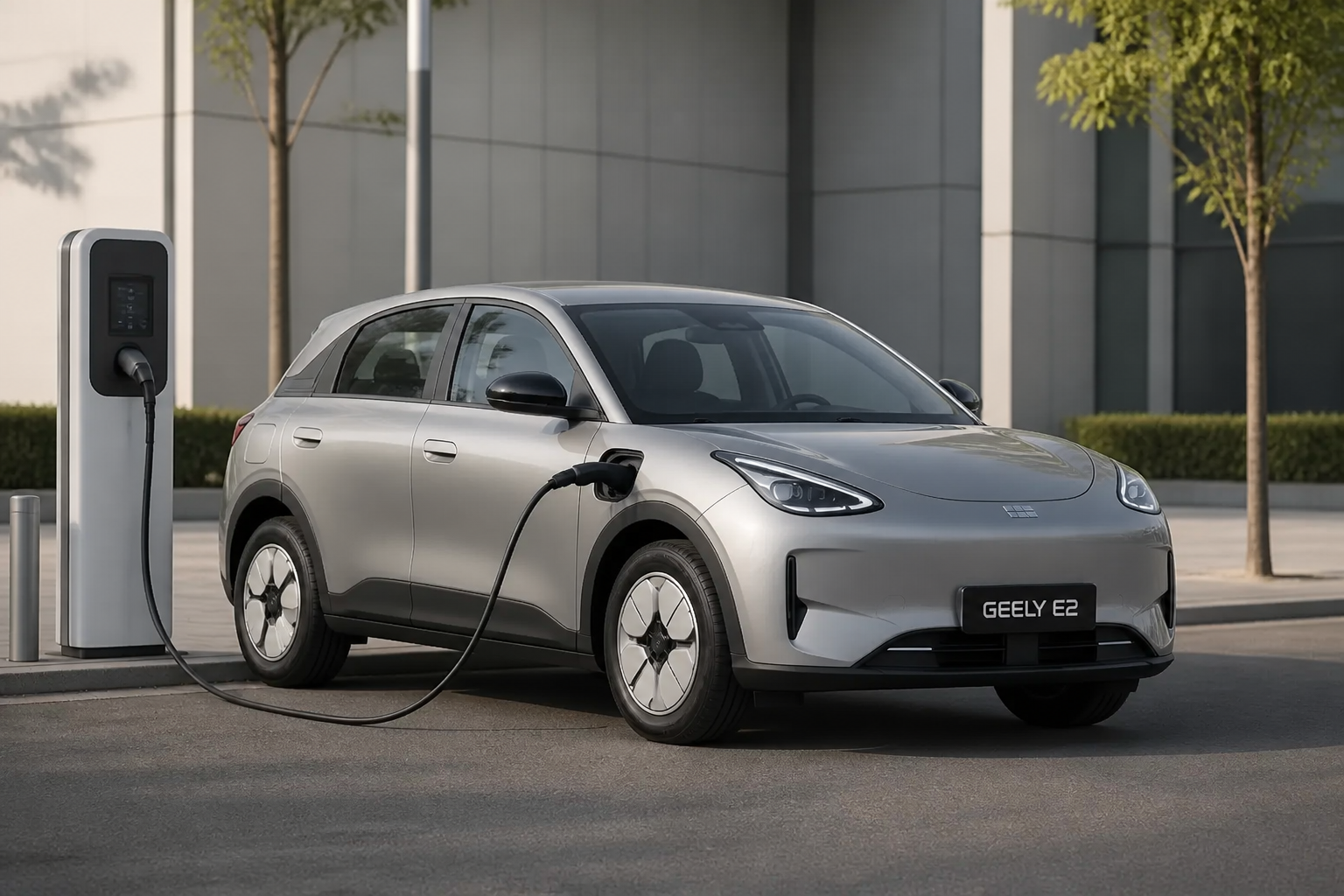 Geely E2 gris conectado a un punto de carga rápida en un entorno urbano limpio