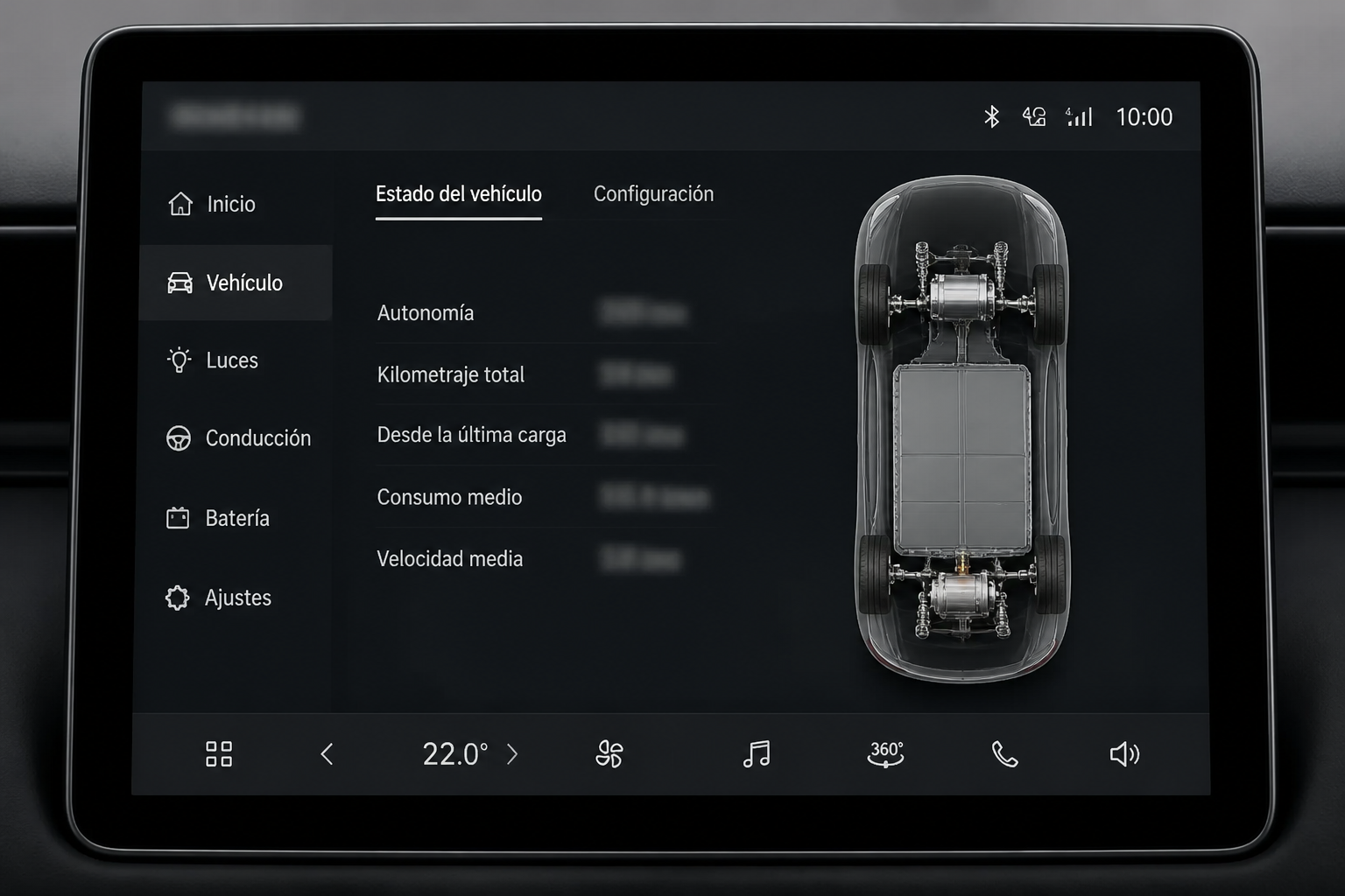 Pantalla central mostrando la vista panorámica del vehículo con el efecto de chasis transparente