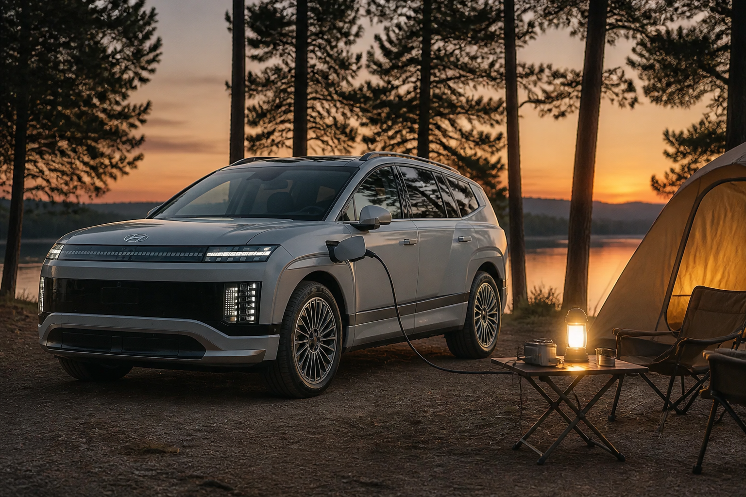 IONIQ 9 gris claro parado al atardecer con el adaptador V2L alimentando una lámpara de camping