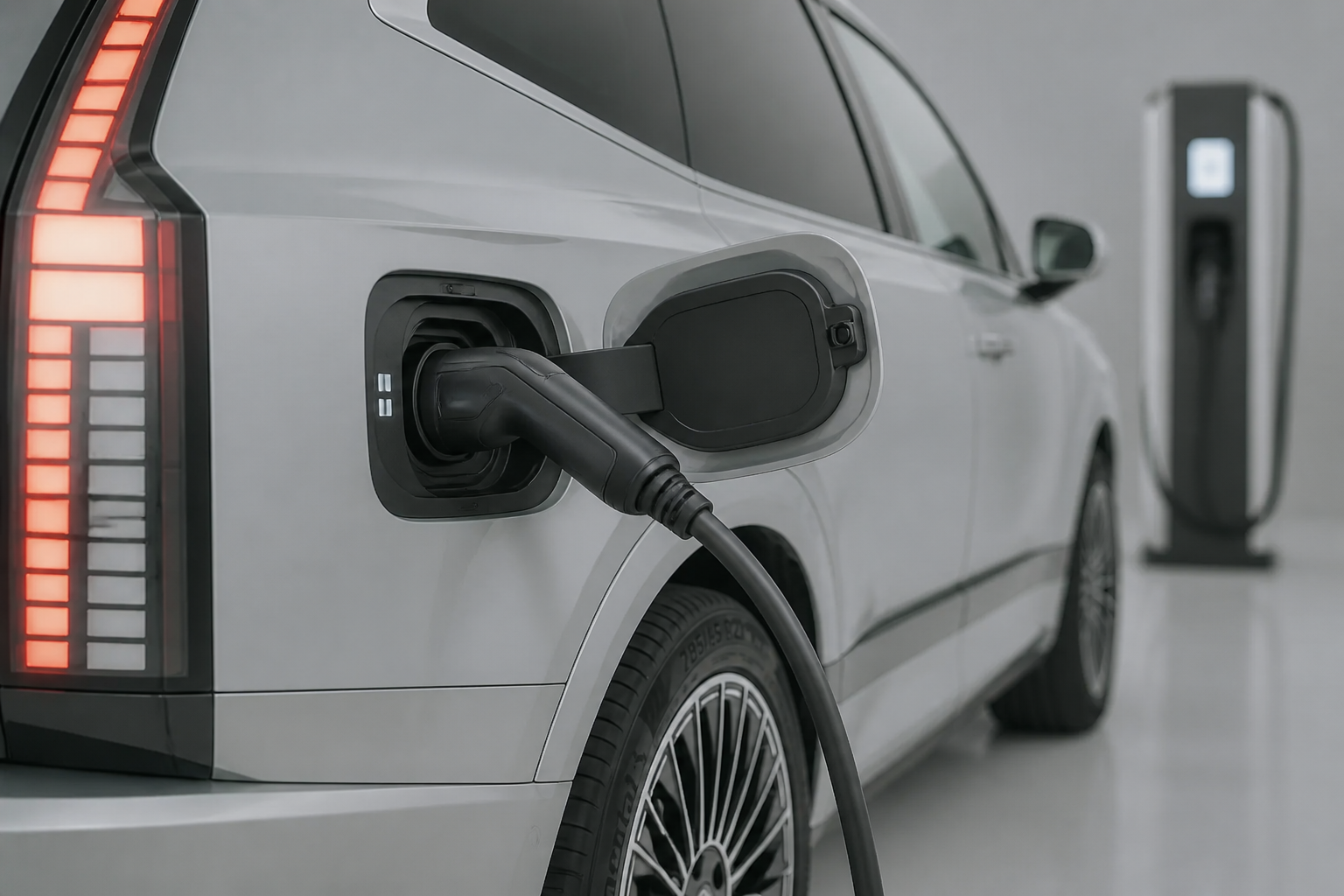 Primer plano de la toma de carga del IONIQ 9 con el conector de carga rápida enchufado