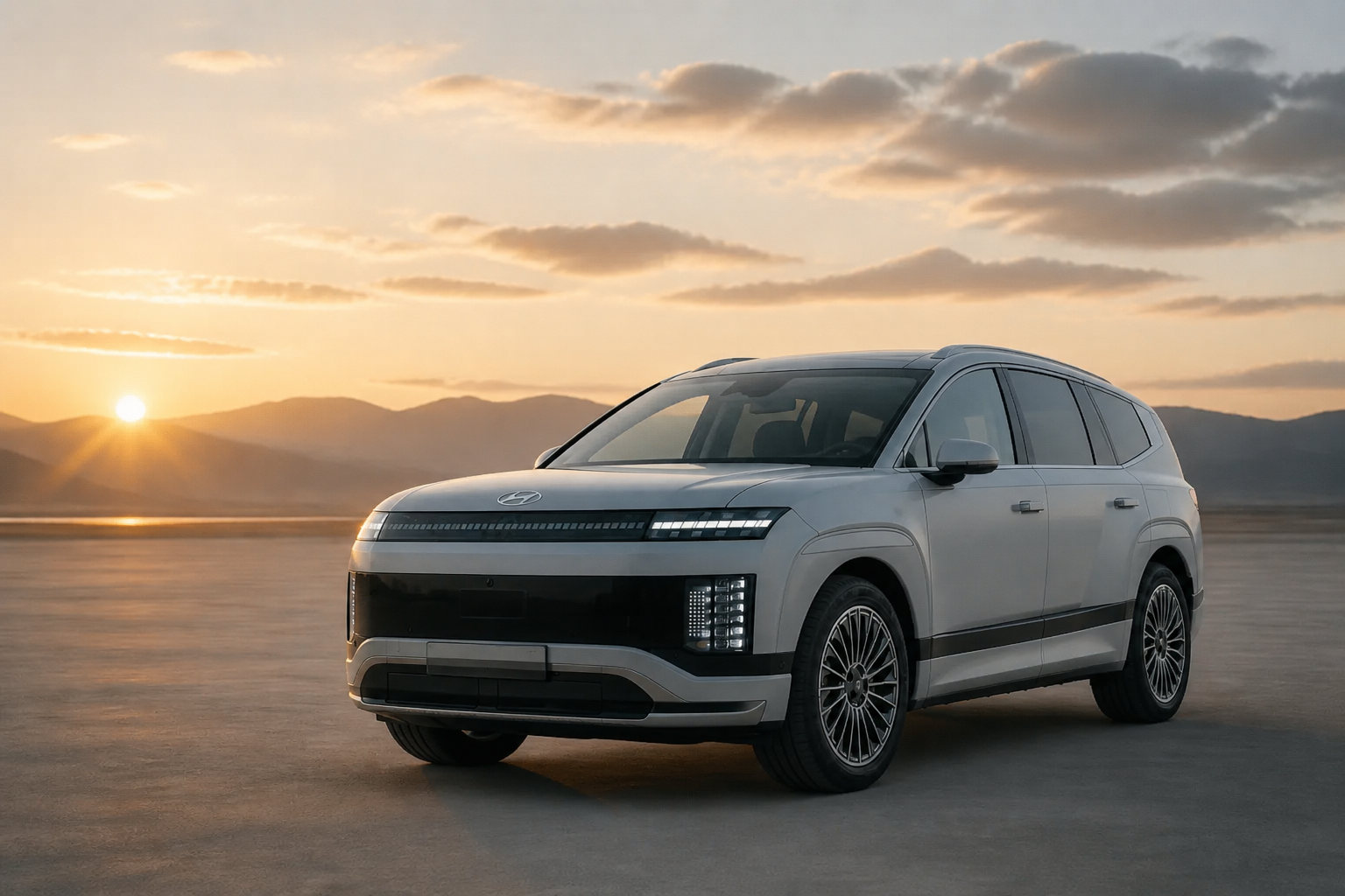 IONIQ 9 gris claro detenido en un paisaje abierto al amanecer