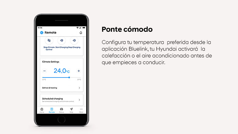 Smartphone con la app Bluelink mostrando control remoto de climatización y carga