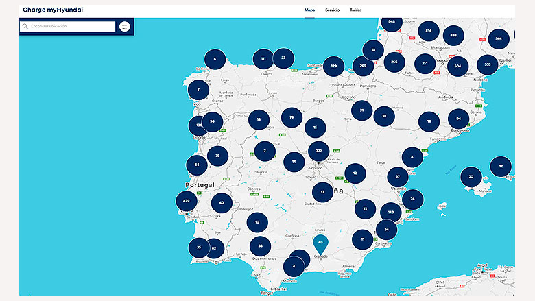 Mapa de España y Portugal con puntos de carga de la plataforma Charge myHyundai