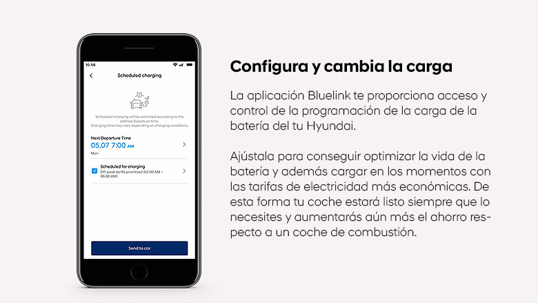 Smartphone con la app Hyundai Bluelink mostrando la programación de carga